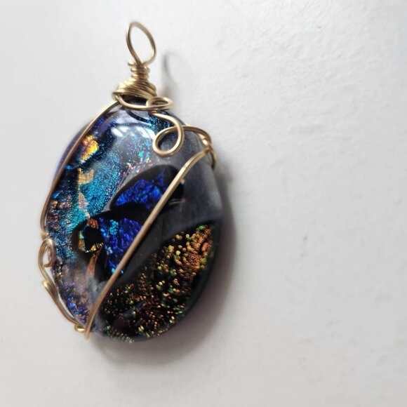 Handmade Wire Wrapped Dichroic Glass Pendant, Blue / Gold - Picture 2 of 5